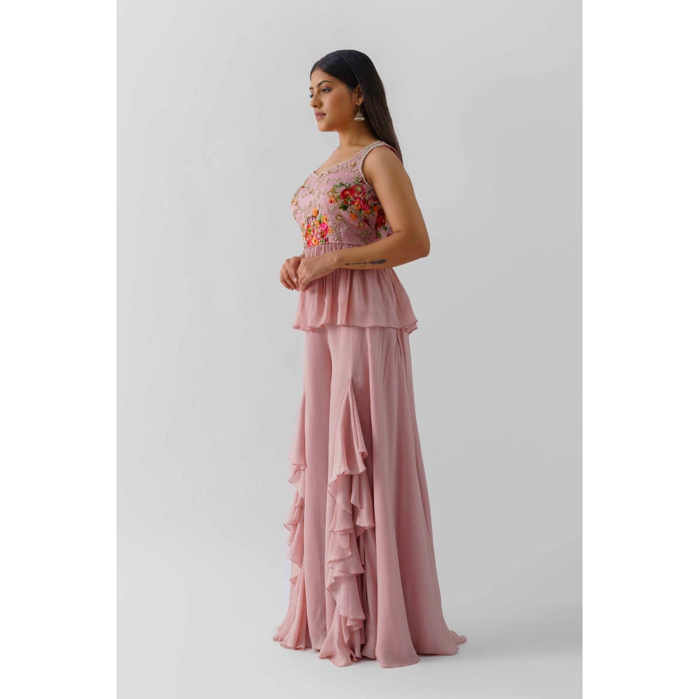 Suruchi Parakh Womens Pink Floral Print Peplum Top and Palazzo (Set of 2)