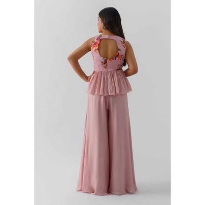 Suruchi Parakh Womens Pink Floral Print Peplum Top and Palazzo (Set of 2)