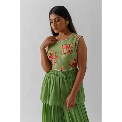 Suruchi Parakh Womens Green Floral Print Peplum Top and Palazzo (Set of 2)