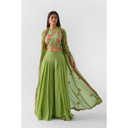 Suruchi Parakh Womens Green Floral Print Crop Top with Jacket and Palazzo (Set of 3)
