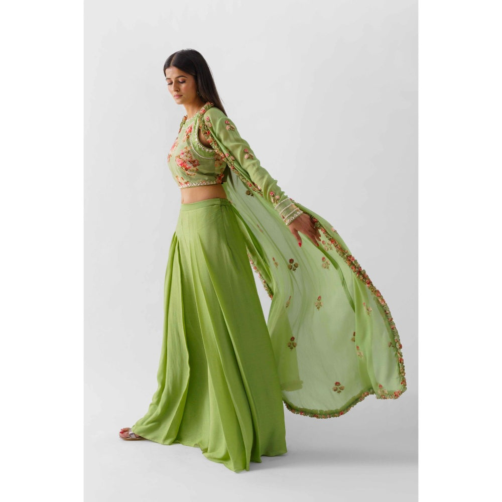 Suruchi Parakh Womens Green Floral Print Crop Top with Jacket and Palazzo (Set of 3)