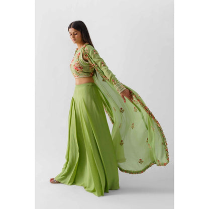 Suruchi Parakh Womens Green Floral Print Crop Top with Jacket and Palazzo (Set of 3)