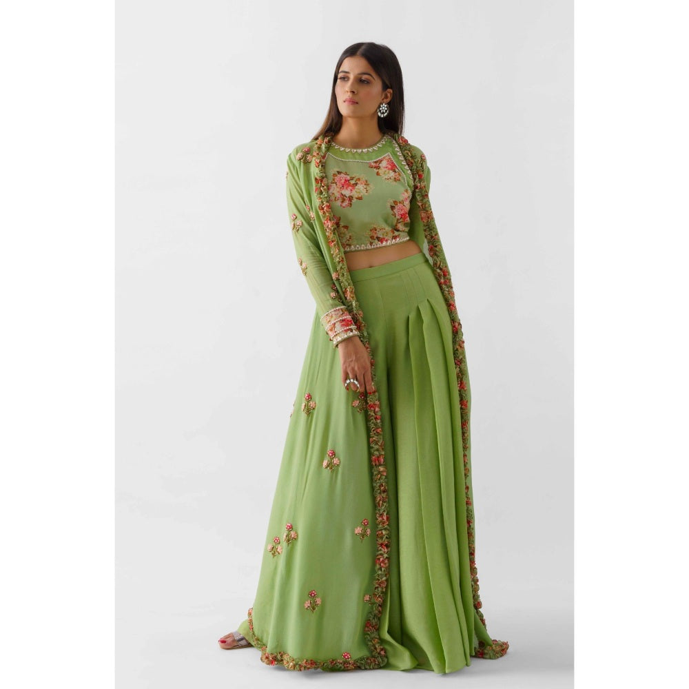 Suruchi Parakh Womens Green Floral Print Crop Top with Jacket and Palazzo (Set of 3)