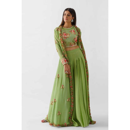 Suruchi Parakh Womens Green Floral Print Crop Top with Jacket and Palazzo (Set of 3)