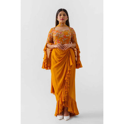 Suruchi Parakh Womens Mustard Embellished Crop Top with Skirt and Dupatta (Set of 3)