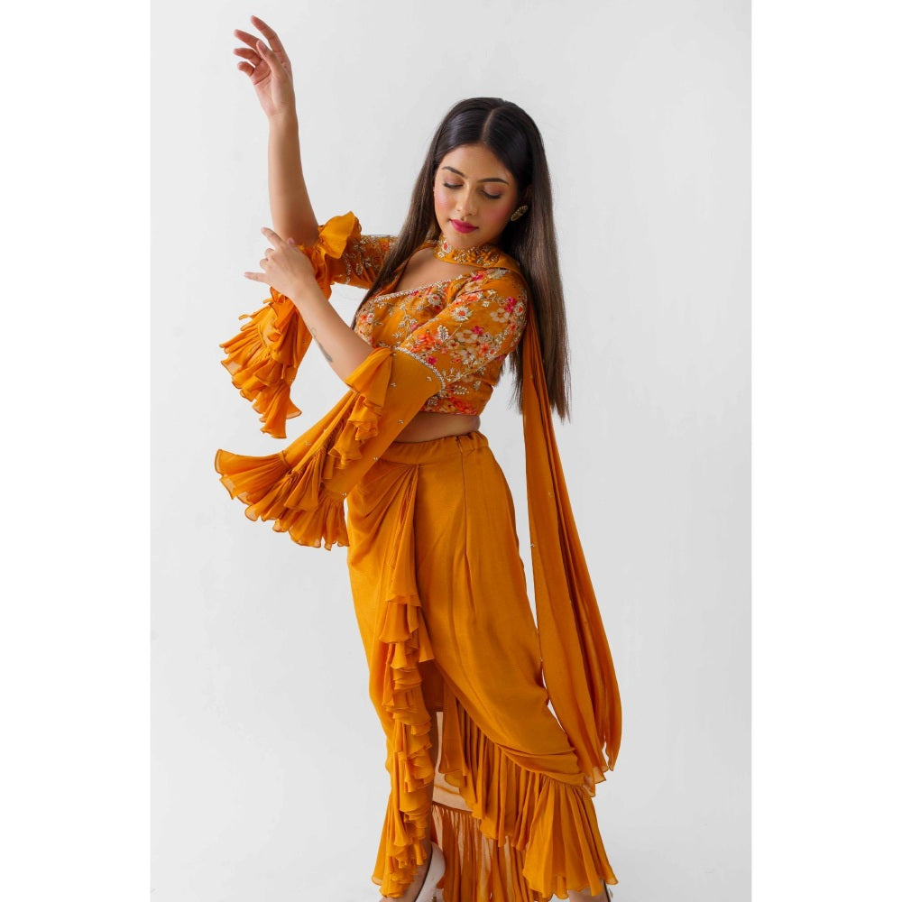 Suruchi Parakh Womens Mustard Embellished Crop Top with Skirt and Dupatta (Set of 3)