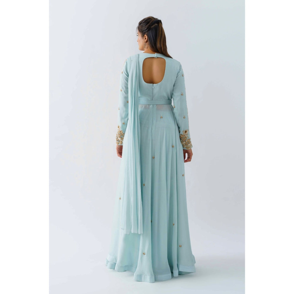 Suruchi Parakh Blue Embellished Pre Draped Saree with Blouse Jacket and Belt with Stitched