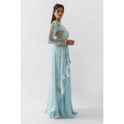 Suruchi Parakh Blue Embellished Pre Draped Saree with Blouse Jacket and Belt with Stitched