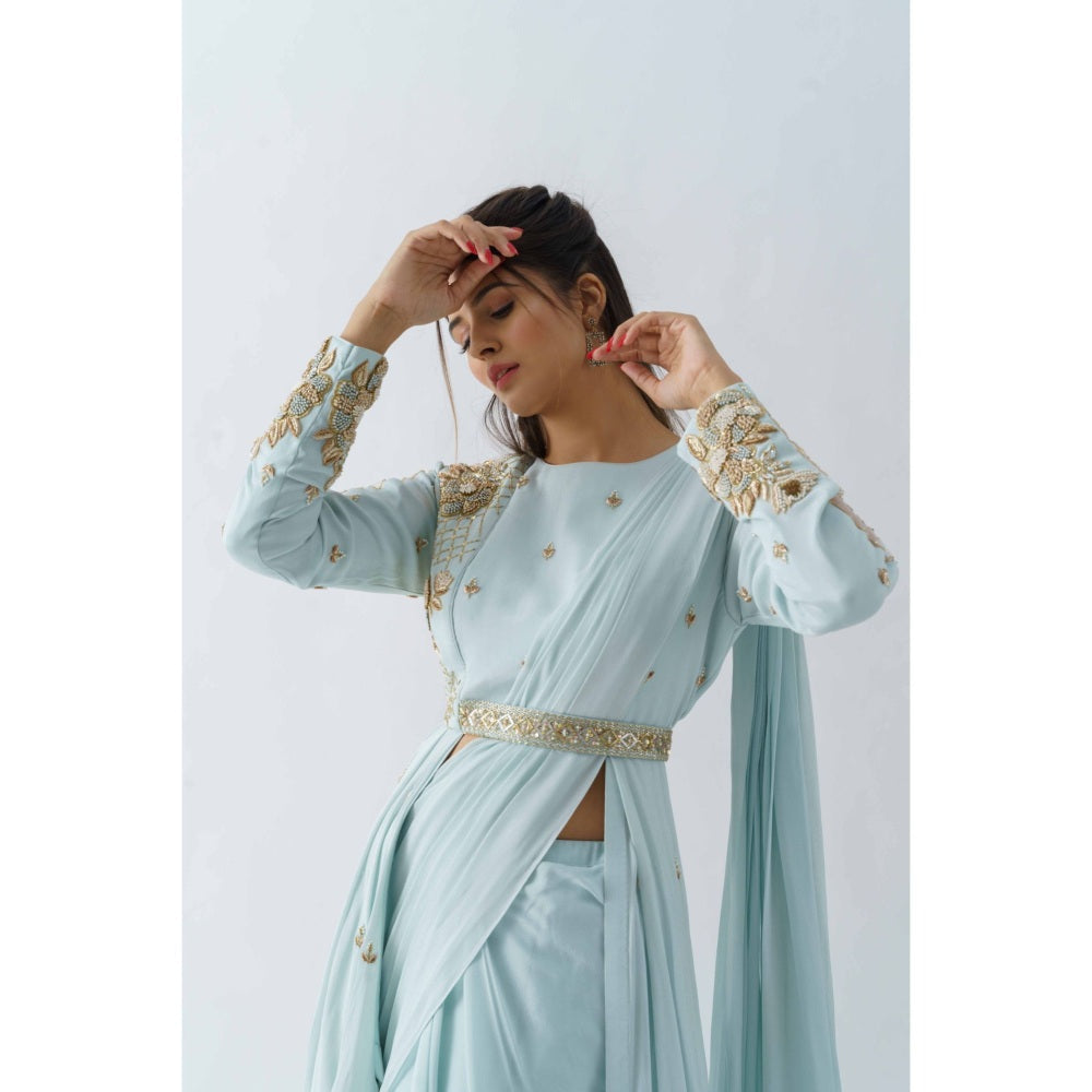Suruchi Parakh Blue Embellished Pre Draped Saree with Blouse Jacket and Belt with Stitched