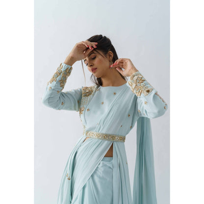 Suruchi Parakh Blue Embellished Pre Draped Saree with Blouse Jacket and Belt with Stitched
