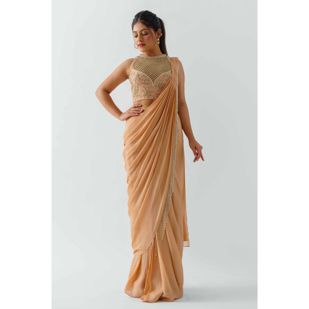 Suruchi Parakh Peach Embellished Pre Draped Saree with Blouse with Stitched