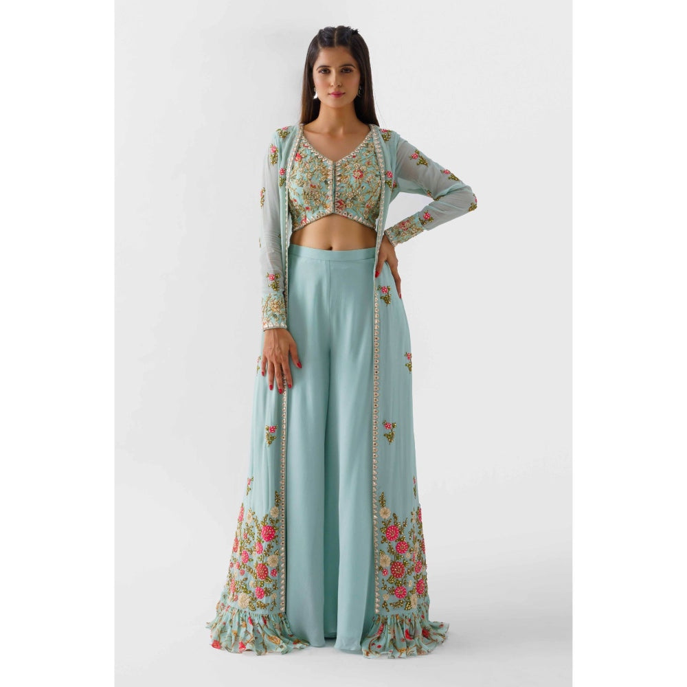 Suruchi Parakh Womens Blue Embellished Blouse with Palazzo and Jacket (Set of 3)