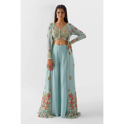 Suruchi Parakh Womens Blue Embellished Blouse with Palazzo and Jacket (Set of 3)