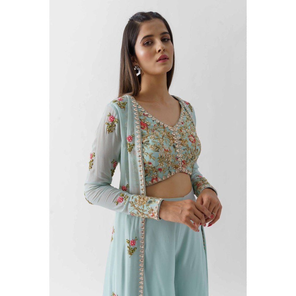 Suruchi Parakh Womens Blue Embellished Blouse with Palazzo and Jacket (Set of 3)