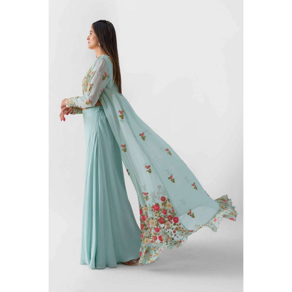 Suruchi Parakh Womens Blue Embellished Blouse with Palazzo and Jacket (Set of 3)