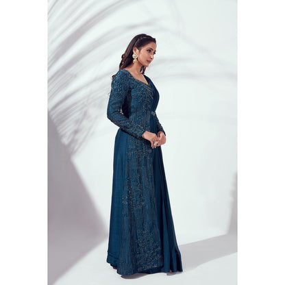 Suruchi Parakh Teal Embellished Pre Draped Saree and Blouse Jacket with Stitched