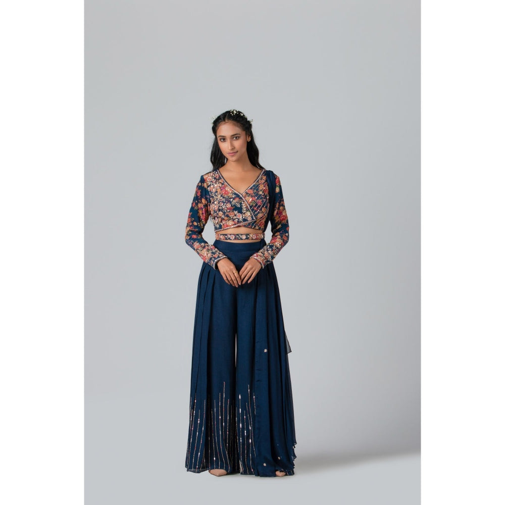 Suruchi Parakh Navy Blue Womens Embellished Blouse with Palazzo and Dupatta (Set of 3)