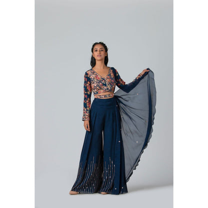 Suruchi Parakh Navy Blue Womens Embellished Blouse with Palazzo and Dupatta (Set of 3)