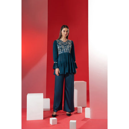 Suruchi Parakh Womens Teal Embellished V Neck Co-ord (Set of 2)