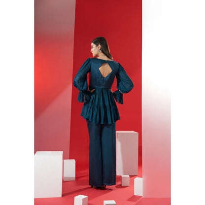Suruchi Parakh Womens Teal Embellished V Neck Co-ord (Set of 2)