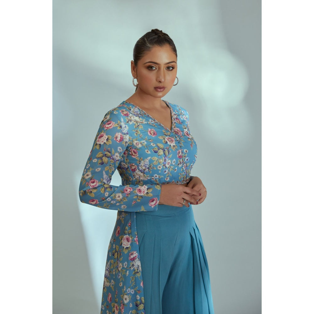 Suruchi Parakh Womens Blue Floral Print Top and Palazzo (Set of 2)