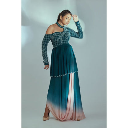 Suruchi Parakh Womens Teal Embellished Top and Skirt (Set of 2)