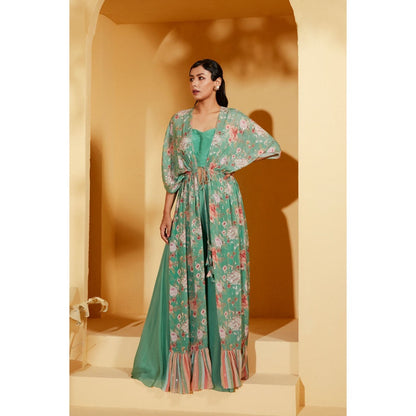Suruchi Parakh Womens Turquoise Floral Print Jacket with Bustier and Palazzo (Set of 3)