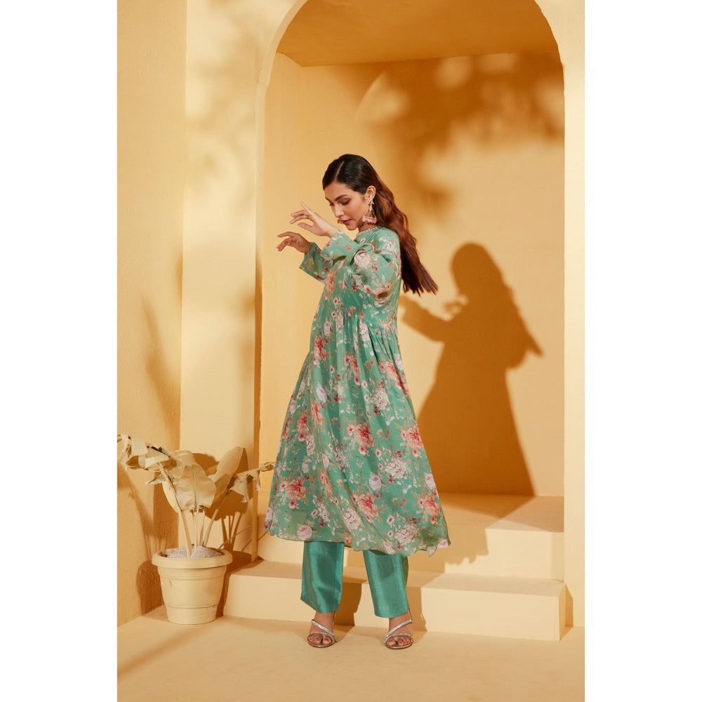 Suruchi Parakh Womens Green Floral Print Kurta and Pant (Set of 2)