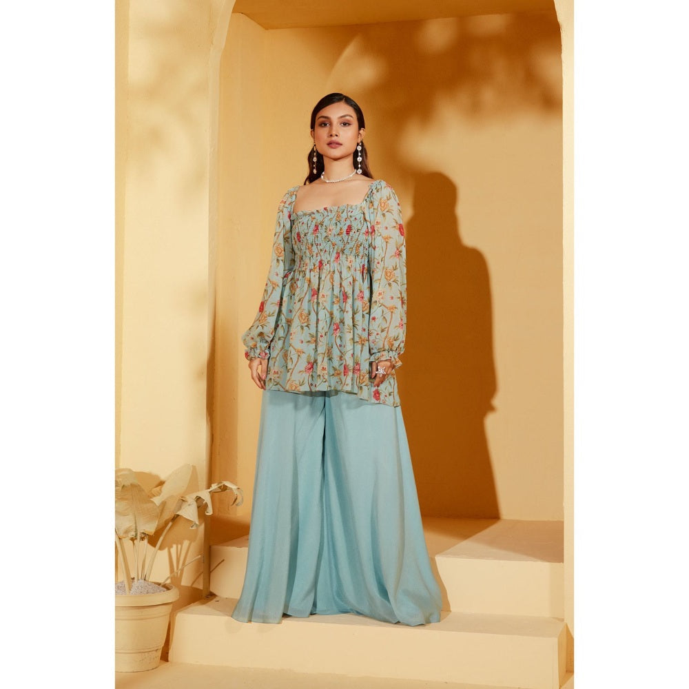 Suruchi Parakh Womens Blue Floral Print Peplum Top and Palazzo (Set of 2)