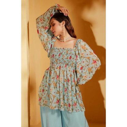 Suruchi Parakh Womens Blue Floral Print Peplum Top and Palazzo (Set of 2)