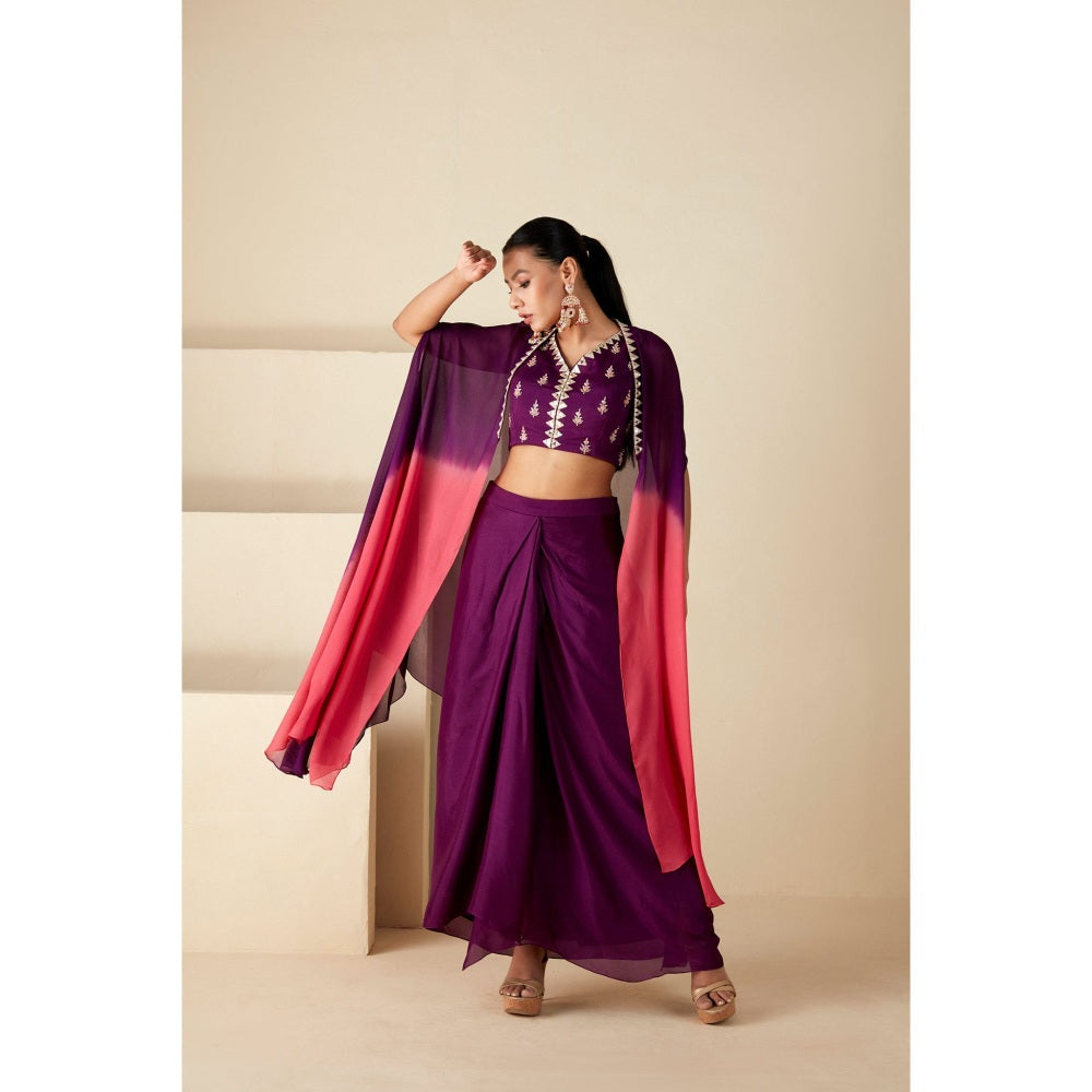 Suruchi Parakh Womens Mirror Work Purple Top and Skirt with Cape (Set of 3)