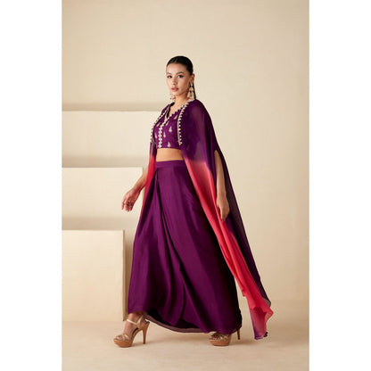 Suruchi Parakh Womens Mirror Work Purple Top and Skirt with Cape (Set of 3)