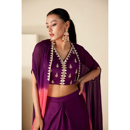 Suruchi Parakh Womens Mirror Work Purple Top and Skirt with Cape (Set of 3)