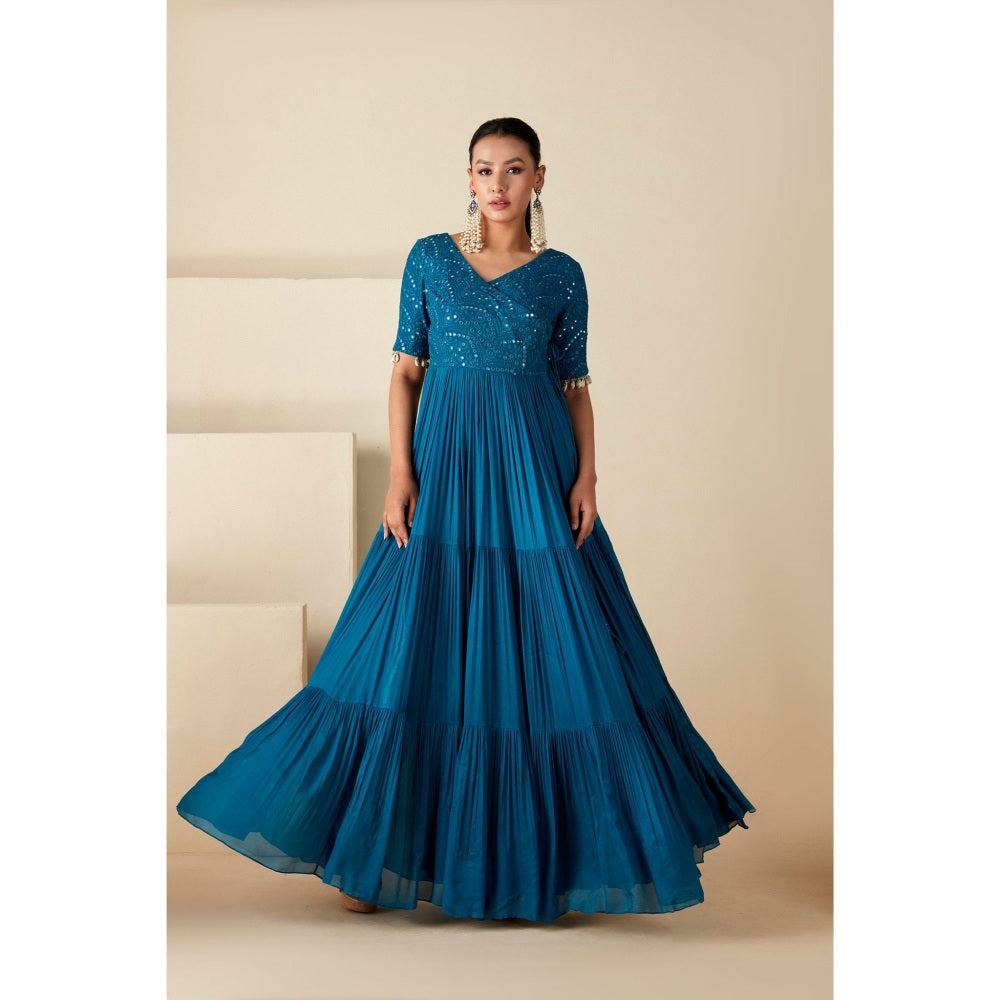 Suruchi Parakh Teal Womens Embroidered Angarkha Kurta and Pant (Set of 2)