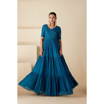 Suruchi Parakh Teal Womens Embroidered Angarkha Kurta and Pant (Set of 2)