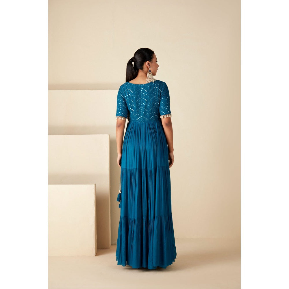 Suruchi Parakh Teal Womens Embroidered Angarkha Kurta and Pant (Set of 2)