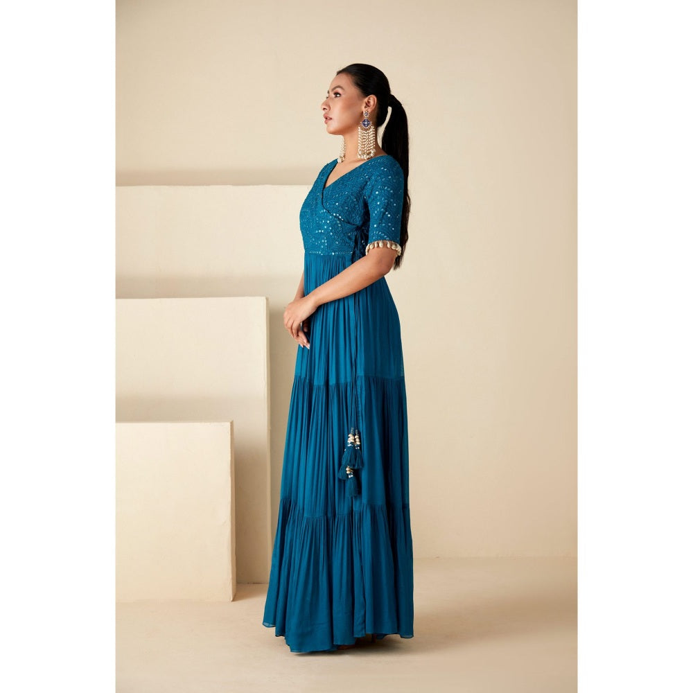 Suruchi Parakh Teal Womens Embroidered Angarkha Kurta and Pant (Set of 2)