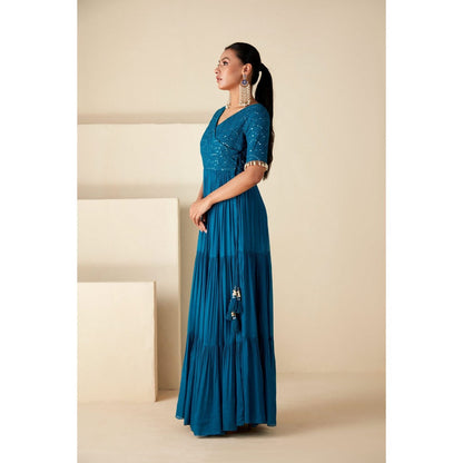 Suruchi Parakh Teal Womens Embroidered Angarkha Kurta and Pant (Set of 2)