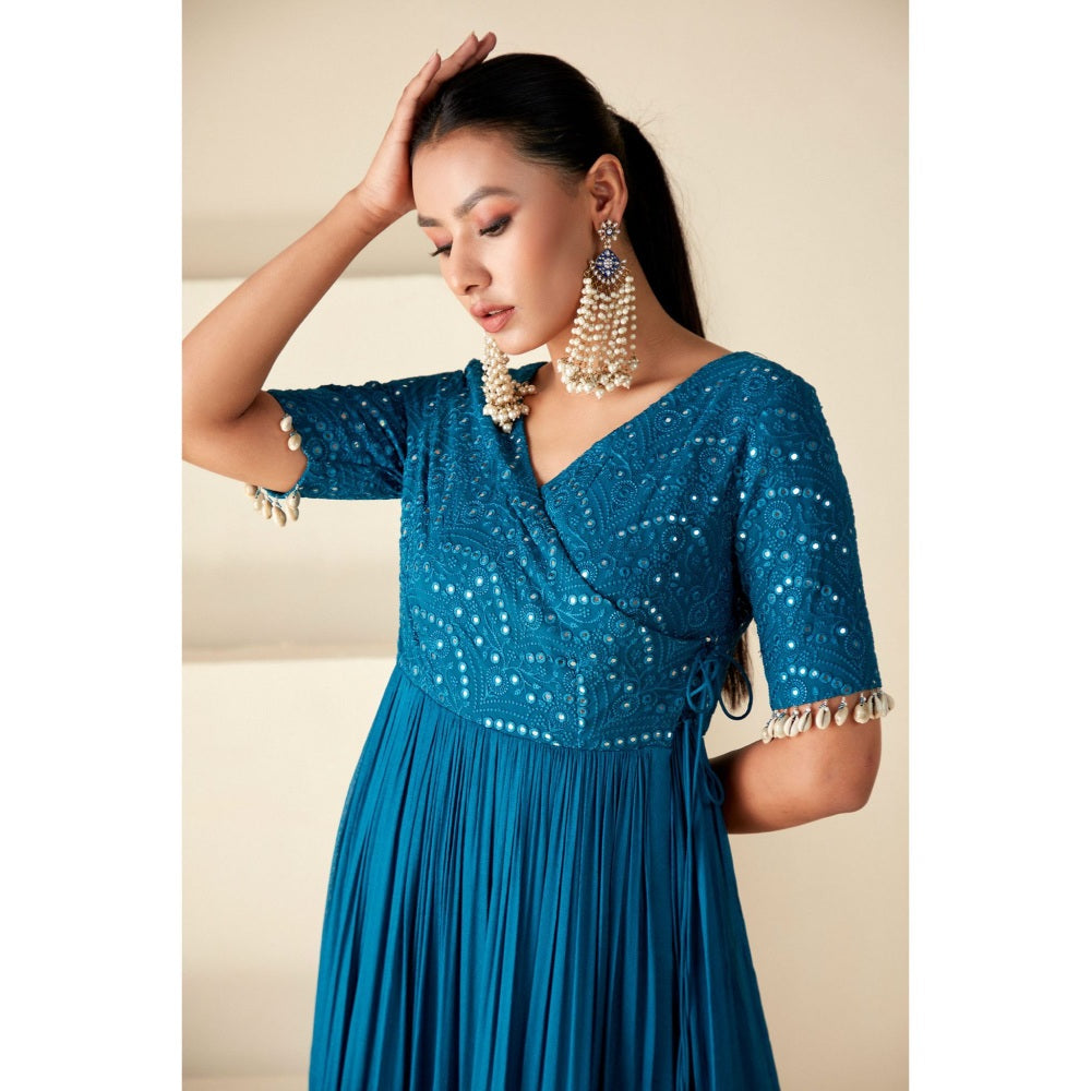 Suruchi Parakh Teal Womens Embroidered Angarkha Kurta and Pant (Set of 2)