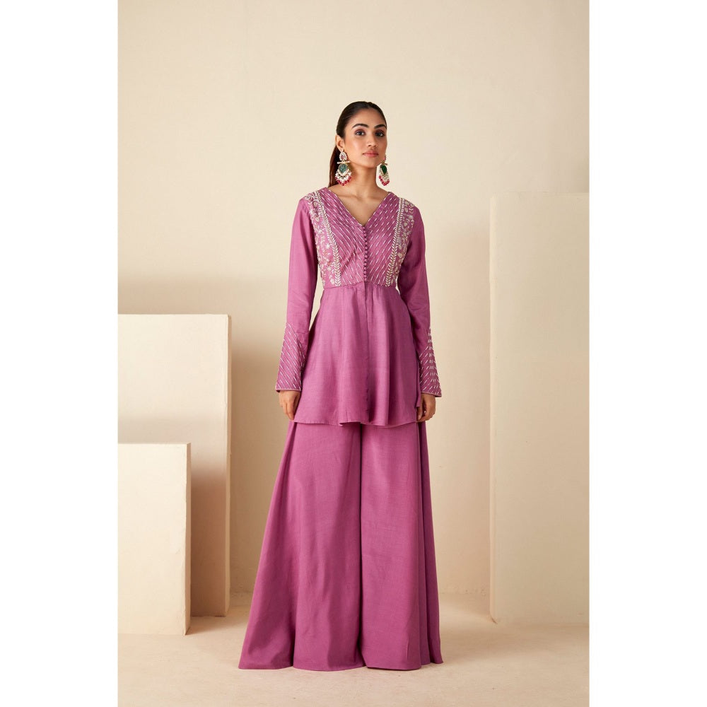 Suruchi Parakh Womens Pink Embroidered Peplum Top and Palazzo (Set of 2)