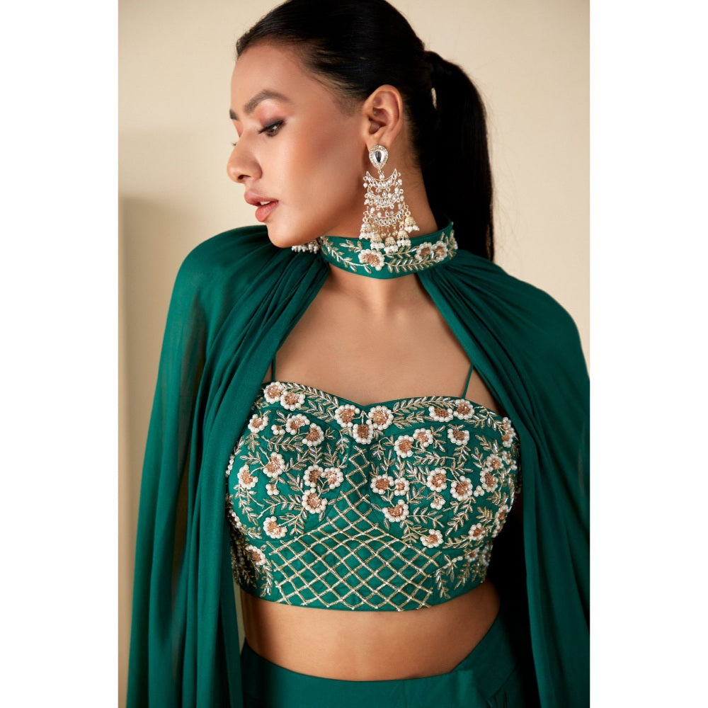 Suruchi Parakh Womens Green Embellished Crop Top with Skirt and Dupatta (Set of 3)