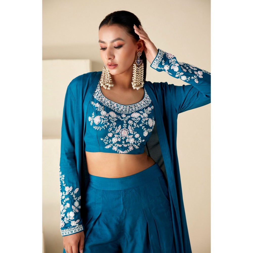 Suruchi Parakh Teal Jacket with Blouse and Palazzo (Set of 3)