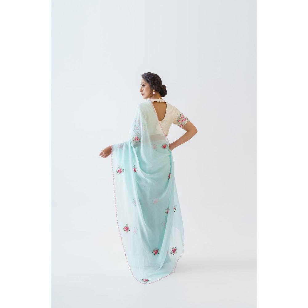 Suruchi Parakh Blue Embroidered Saree with Blouse and Petticoat with Stitched