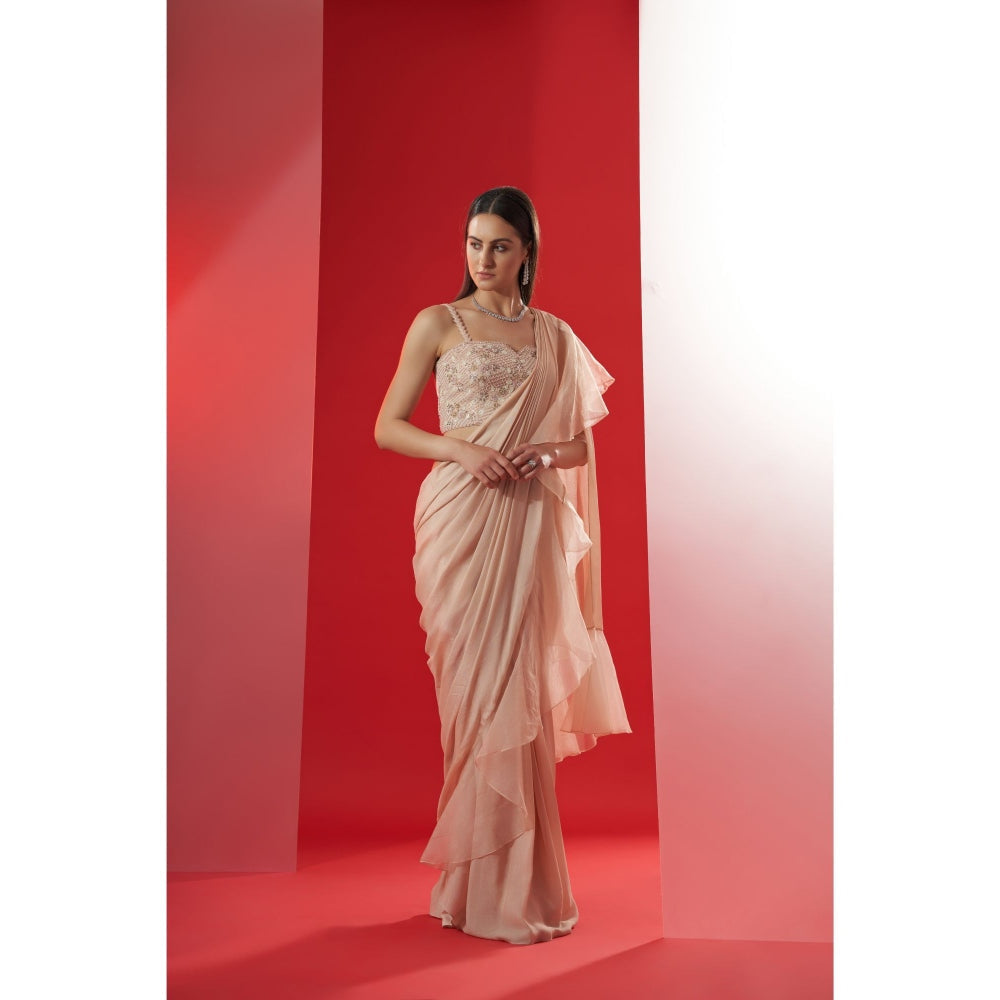 Suruchi Parakh Nude Embroidered Pre Drape Saree and Blouse with Stitched