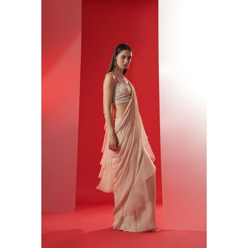 Suruchi Parakh Nude Embroidered Pre Drape Saree and Blouse with Stitched