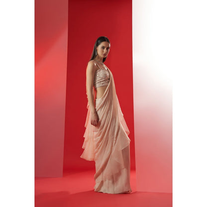 Suruchi Parakh Nude Embroidered Pre Drape Saree and Blouse with Stitched