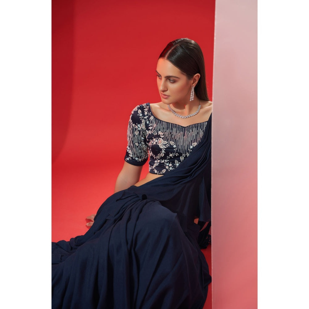 Suruchi Parakh Navy Blue Embroidered Pre Drape Saree and Blouse with Stitched