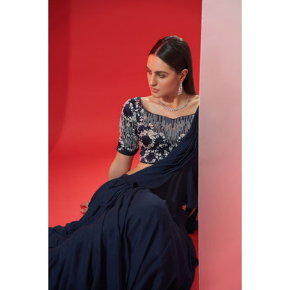 Suruchi Parakh Navy Blue Embroidered Pre Drape Saree and Blouse with Stitched