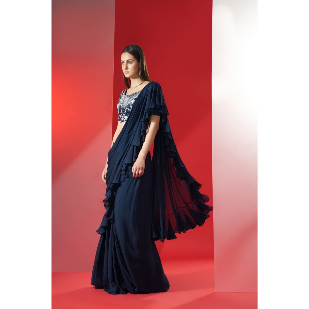 Suruchi Parakh Navy Blue Embroidered Pre Drape Saree and Blouse with Stitched