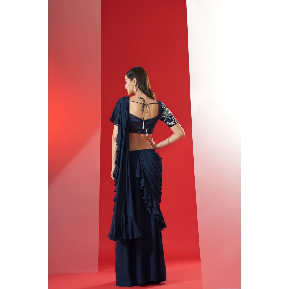 Suruchi Parakh Navy Blue Embroidered Pre Drape Saree and Blouse with Stitched
